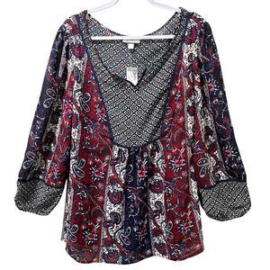 Dress Barn Woman Mixed Pattern Boho Sheer Lightweight Top, Blue, Red, Size 3X